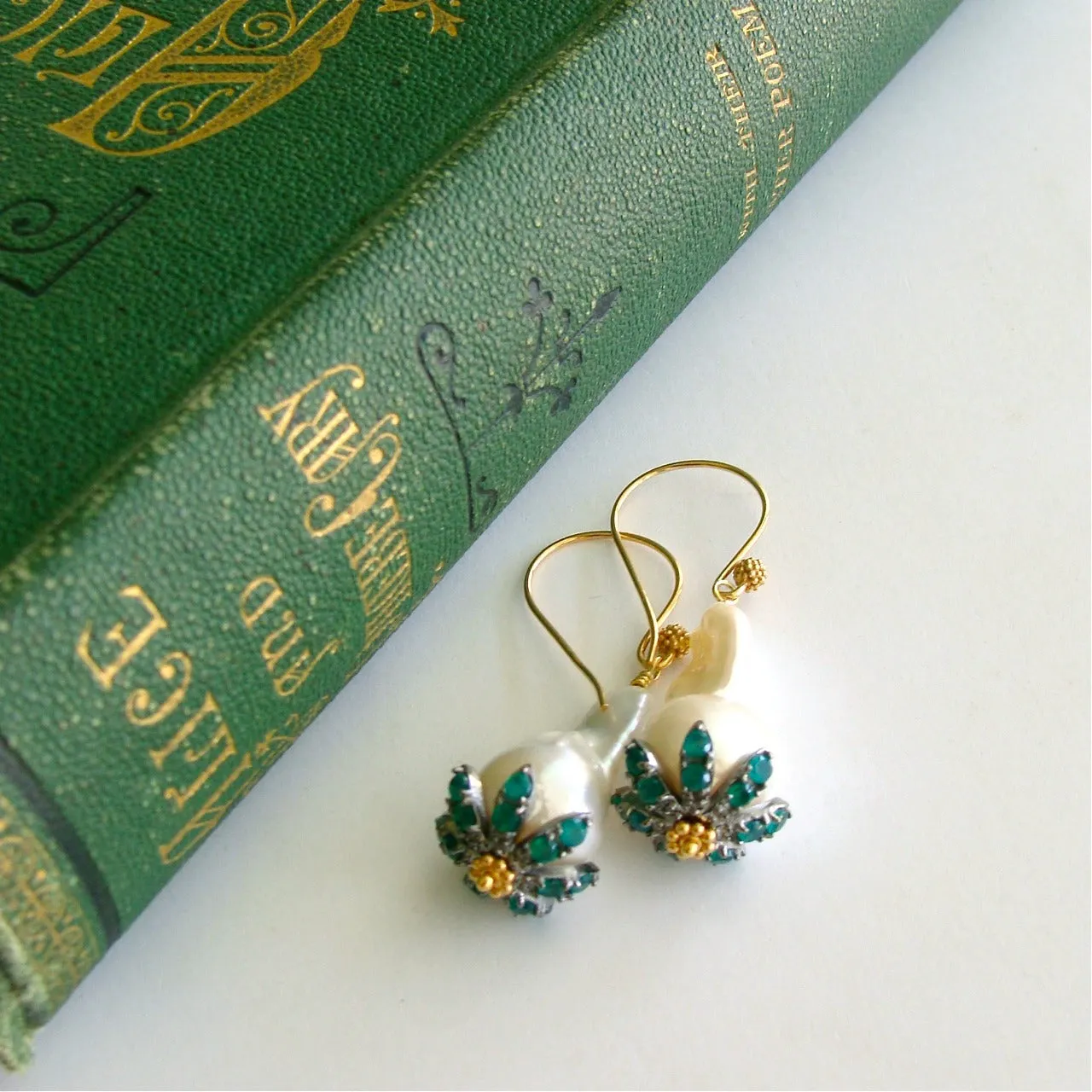 Baroque Flameball Pearls Green Onyx Rhodium Bead Cap Earrings - Chantilly Emerald Green Earrings