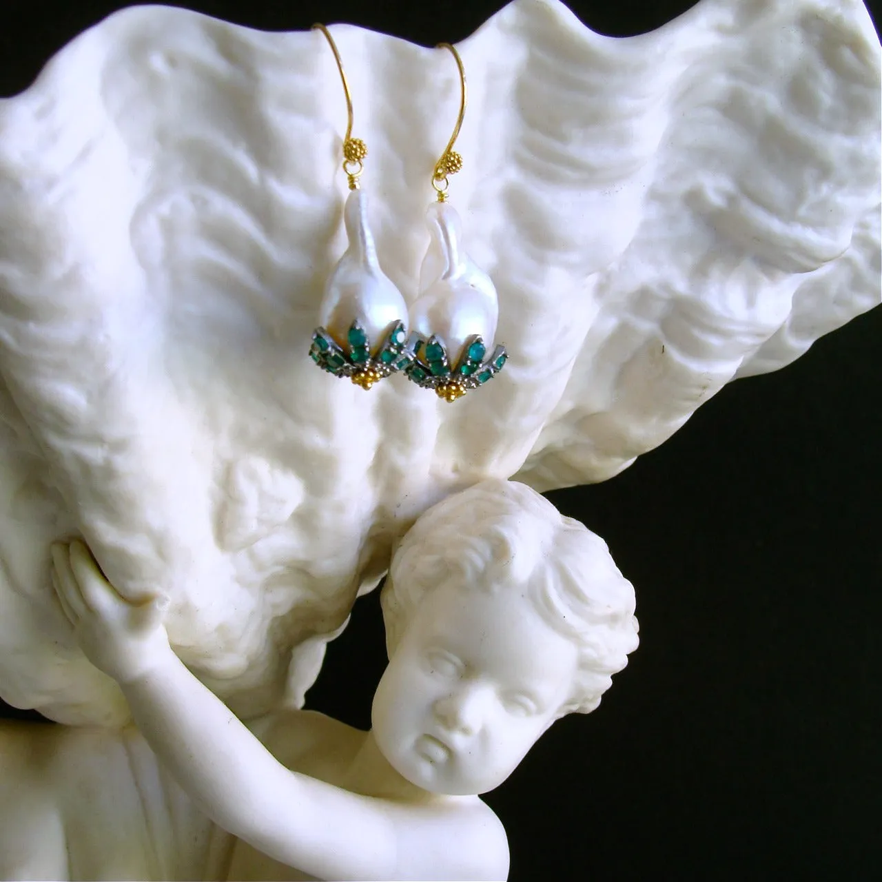 Baroque Flameball Pearls Green Onyx Rhodium Bead Cap Earrings - Chantilly Emerald Green Earrings