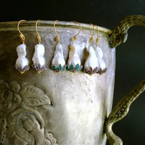 Baroque Flameball Pearls Green Onyx Rhodium Bead Cap Earrings - Chantilly Emerald Green Earrings