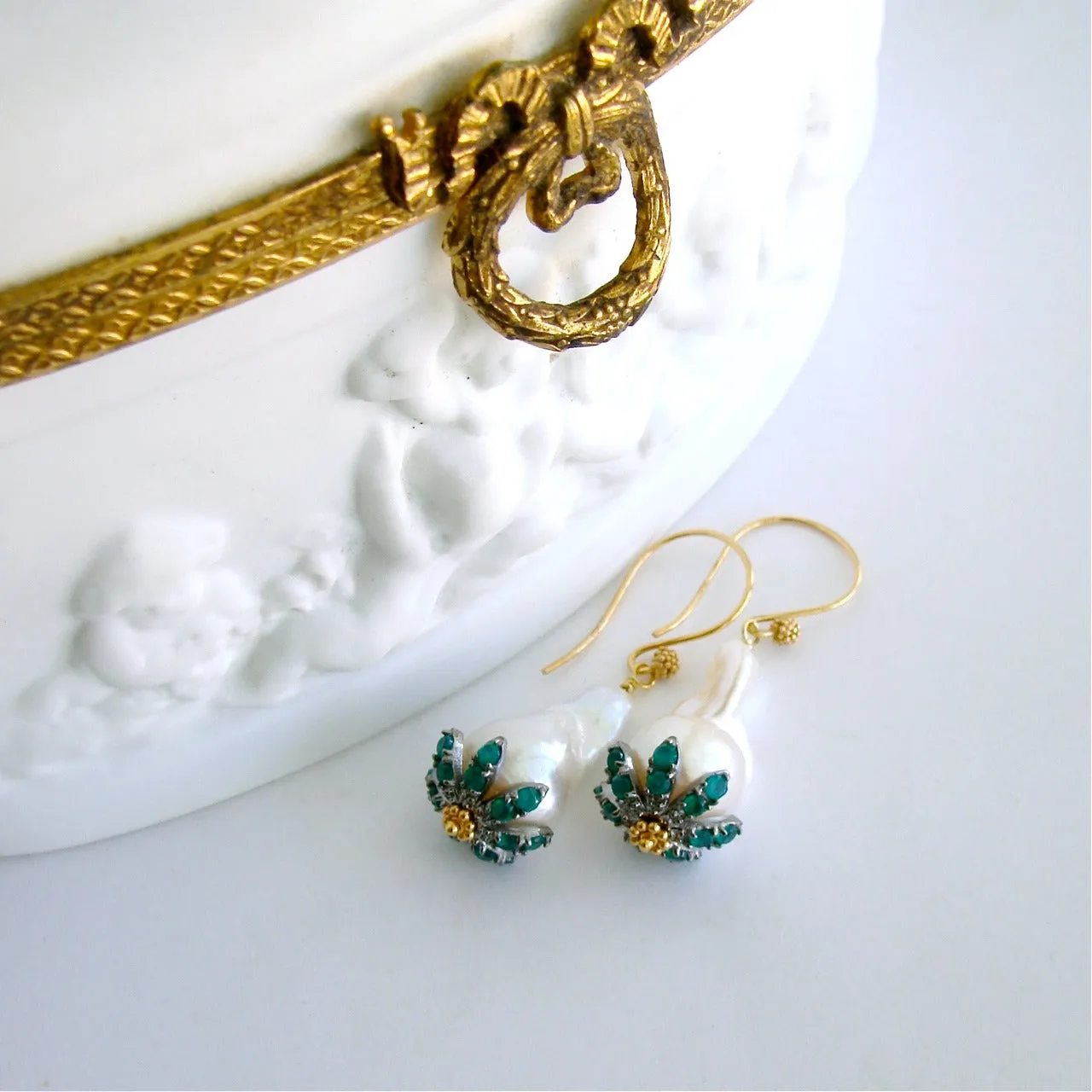 Baroque Flameball Pearls Green Onyx Rhodium Bead Cap Earrings - Chantilly Emerald Green Earrings