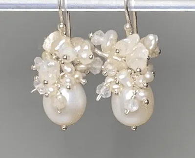 Baroque Pearl Bridal Cluster Earrings Sterling Silver