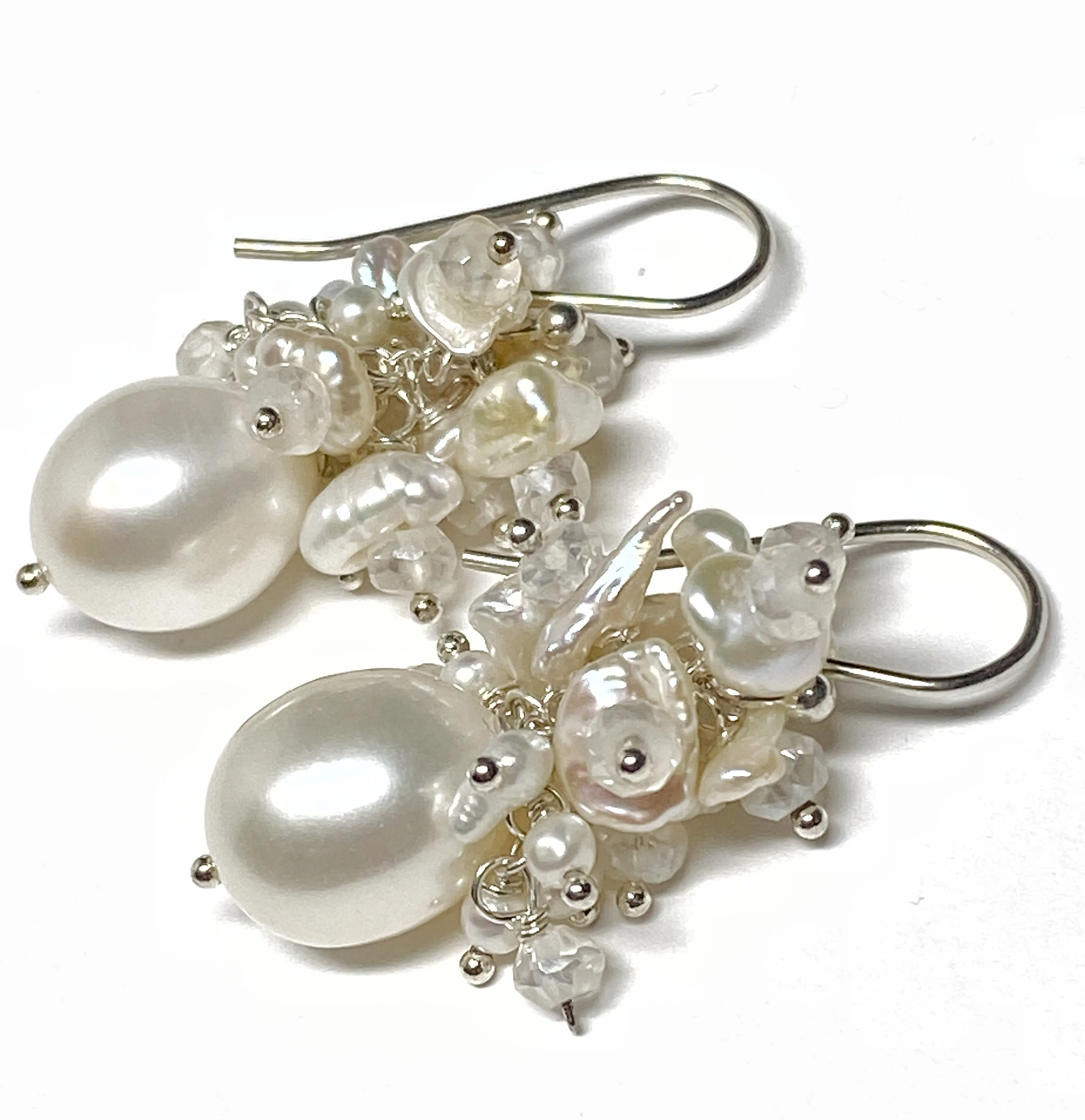 Baroque Pearl Bridal Cluster Earrings Sterling Silver
