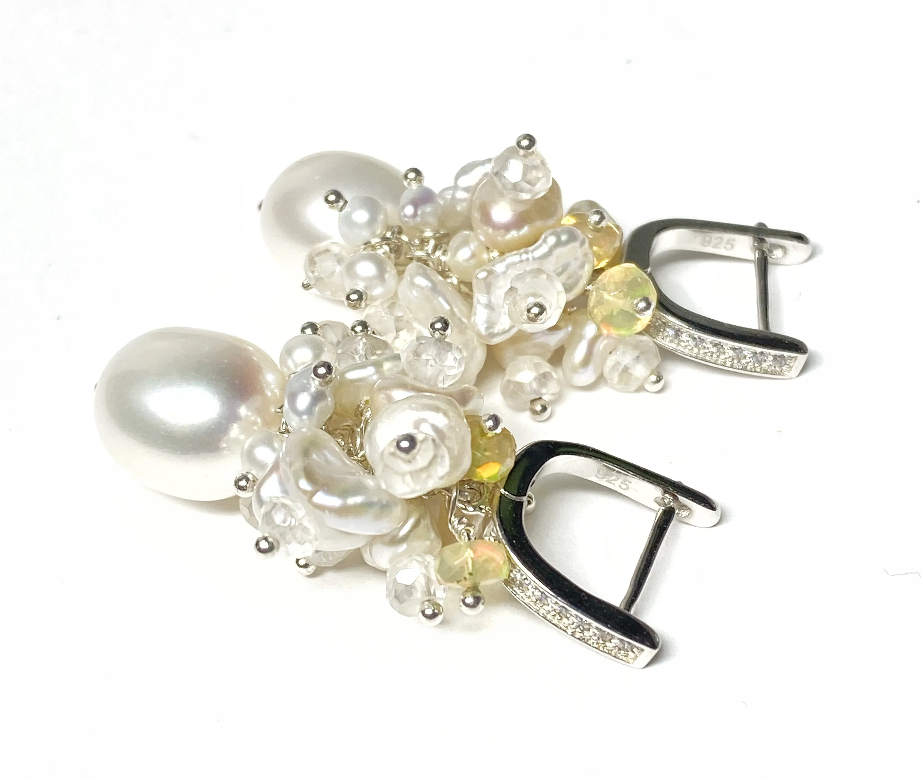 Baroque Pearl Bridal Cluster Earrings Sterling Silver