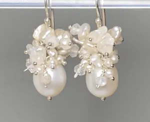 Baroque Pearl Bridal Cluster Earrings Sterling Silver