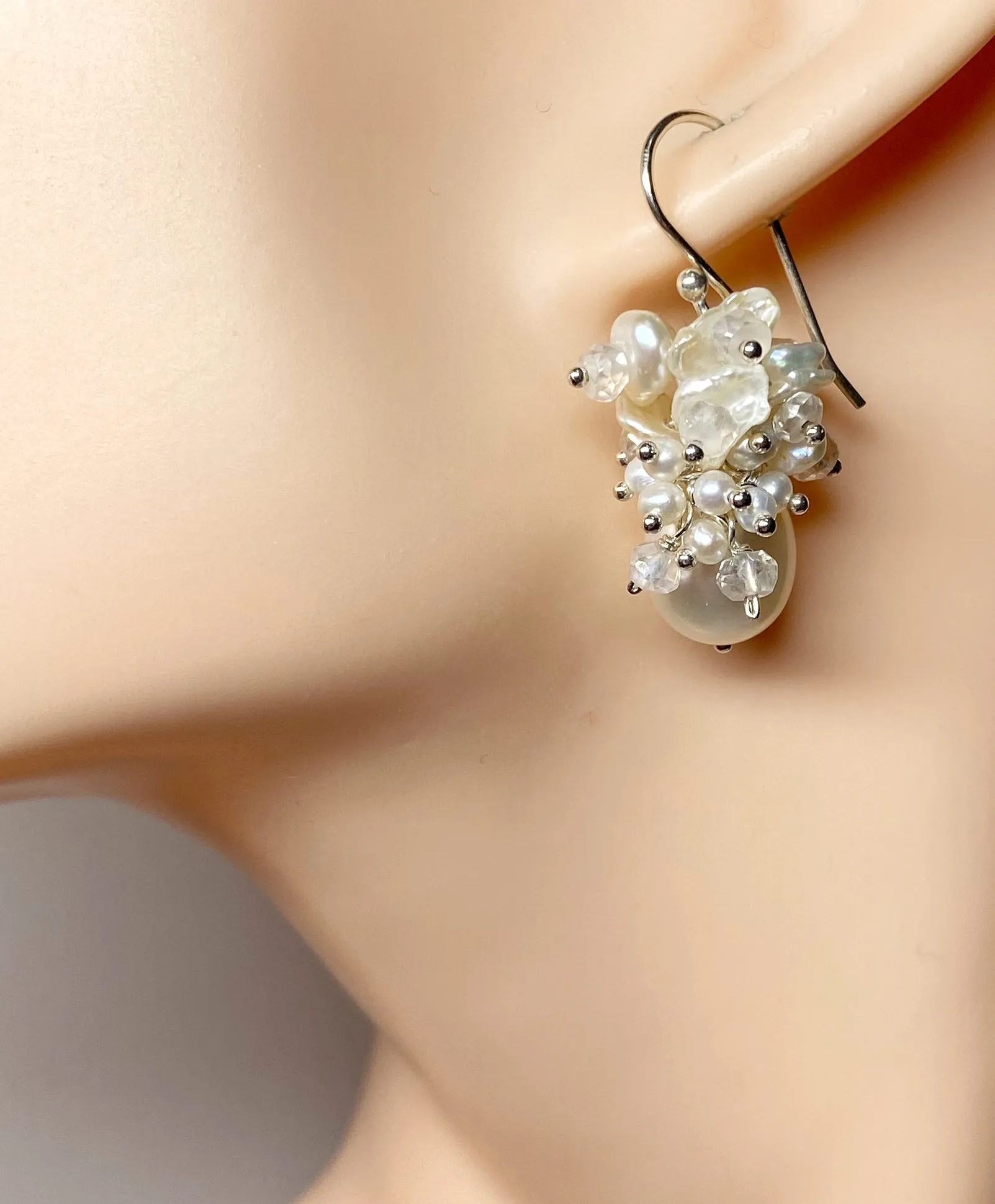 Baroque Pearl Bridal Cluster Earrings Sterling Silver