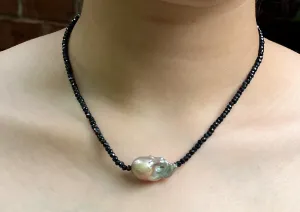 Baroque Pearl Necklace, Black Spinel, Short