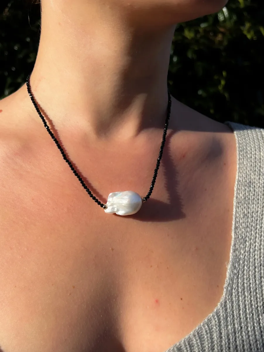 Black Spinel Necklace with Baroque Pearl Accent