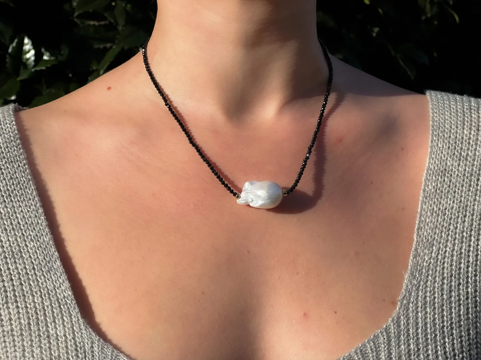 Black Spinel Necklace with Baroque Pearl Accent