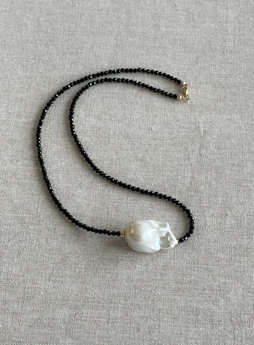 Black Spinel Necklace with Baroque Pearl Accent