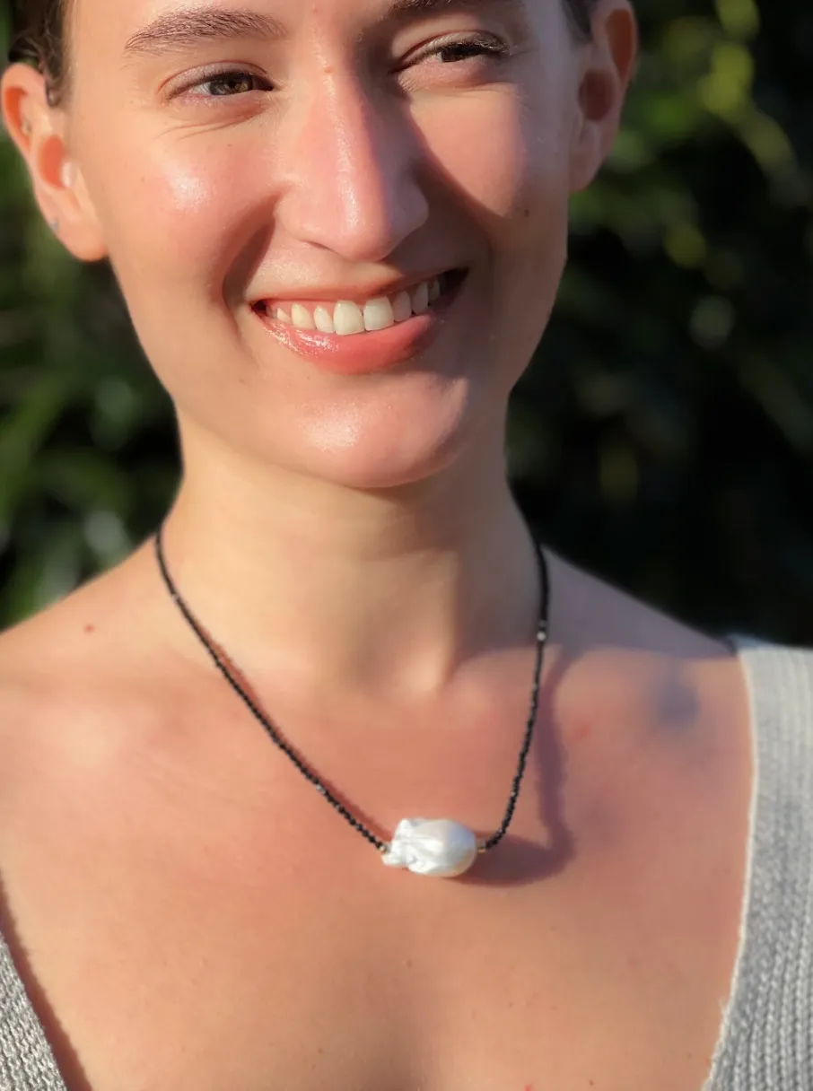 Black Spinel Necklace with Baroque Pearl Accent
