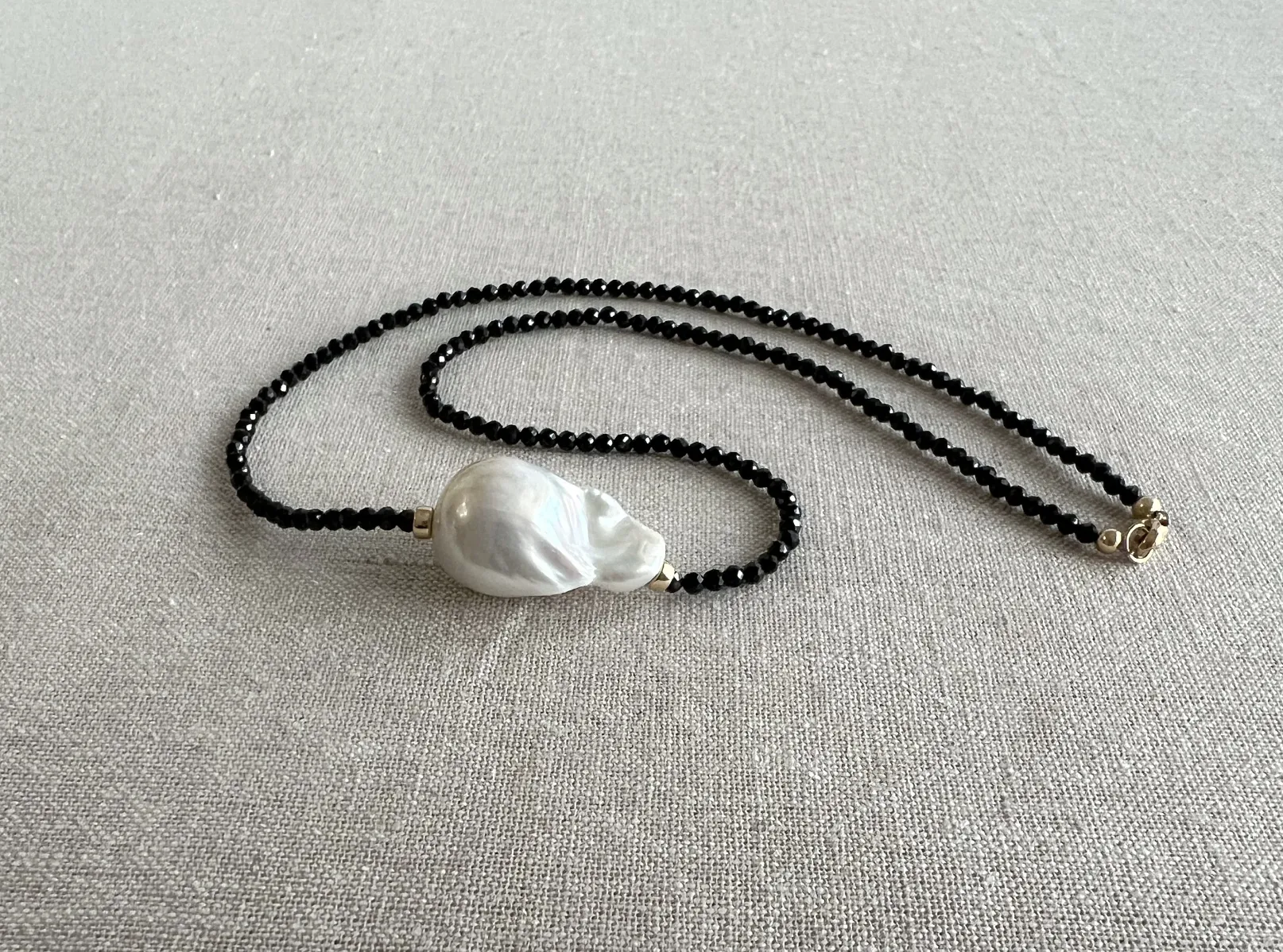 Black Spinel Necklace with Baroque Pearl Accent