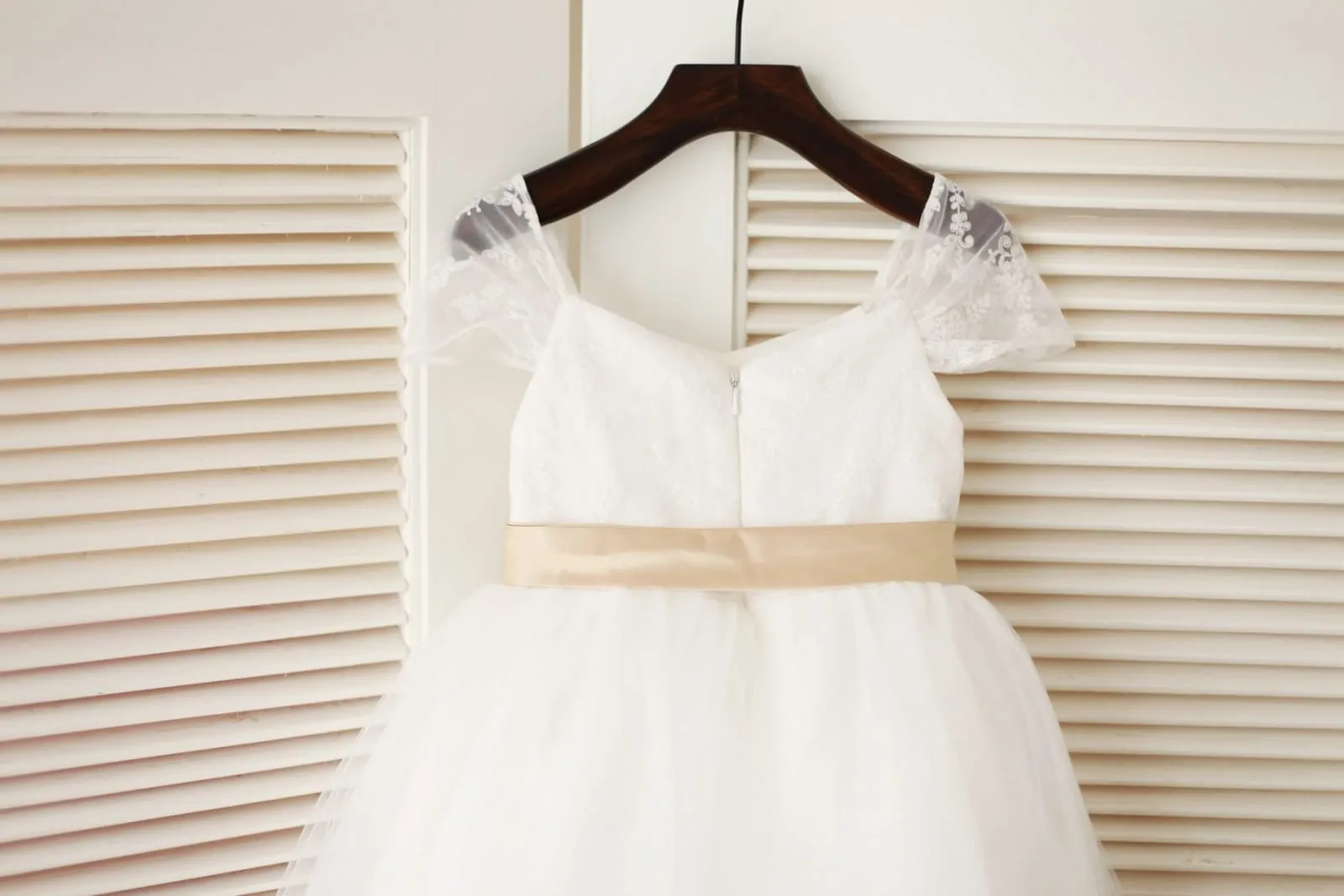 Cap Sleeves Ivory Lace Tulle Flower Girl Dress, Sash