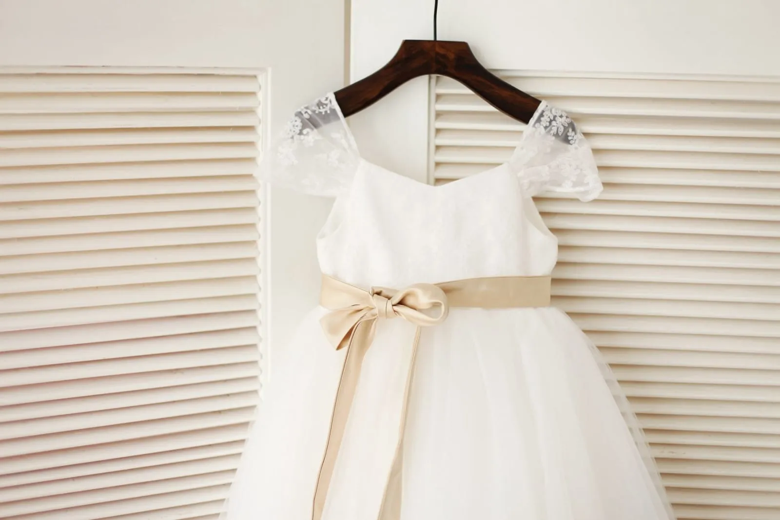 Cap Sleeves Ivory Lace Tulle Flower Girl Dress, Sash