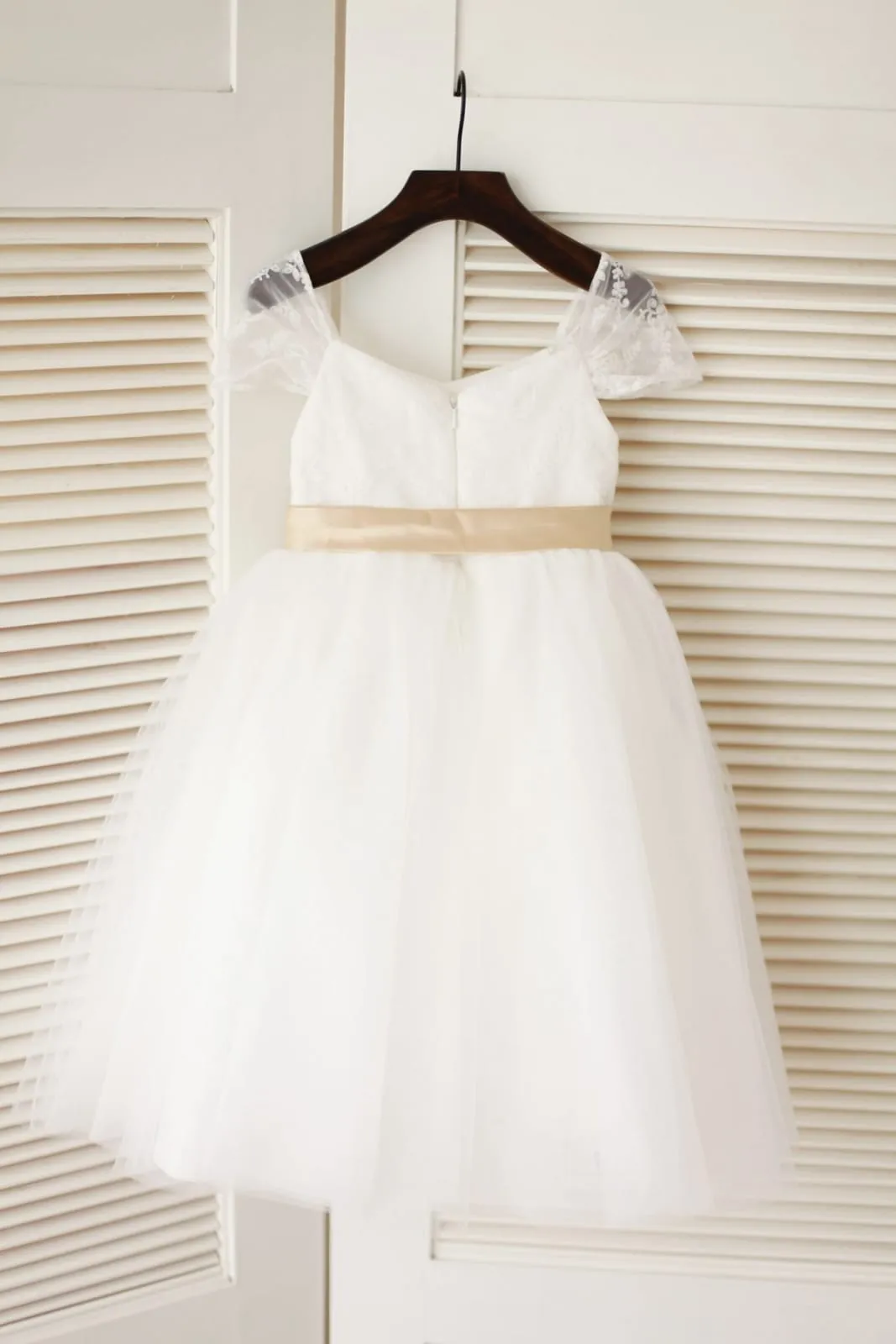 Cap Sleeves Ivory Lace Tulle Flower Girl Dress, Sash