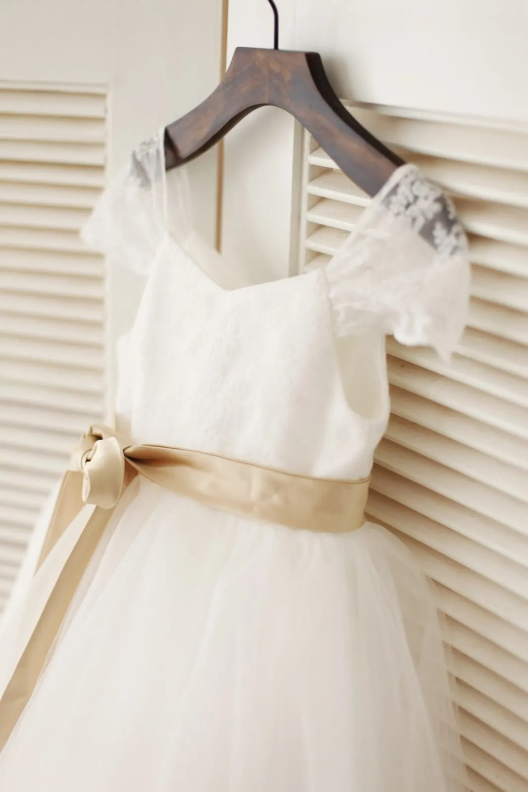 Cap Sleeves Ivory Lace Tulle Flower Girl Dress, Sash