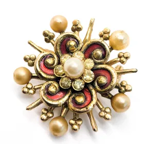 Coro red and gold anamel faux pearl flower vintage signed rhinestone brooch