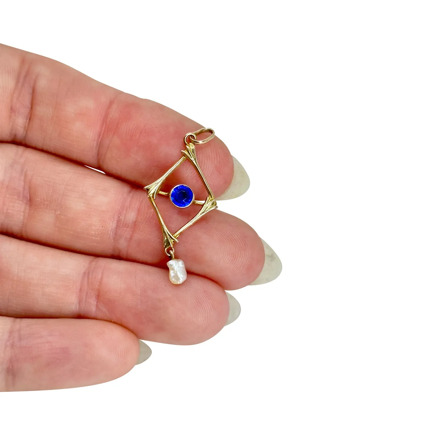 Dainty Art Nouveau Lavaliere Natural River Pearl Blue Paste Antique Pendant- 10K Yellow Gold
