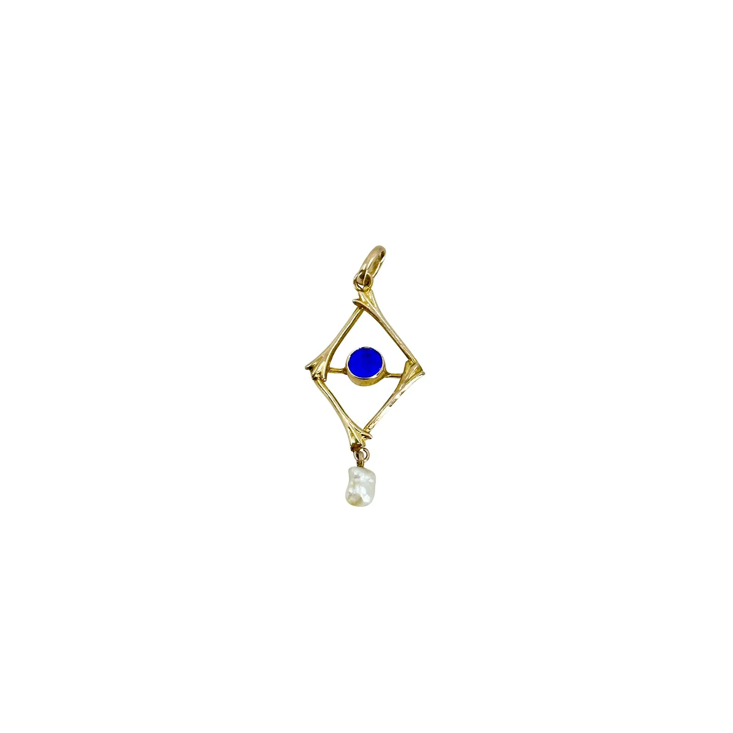 Dainty Art Nouveau Lavaliere Natural River Pearl Blue Paste Antique Pendant- 10K Yellow Gold