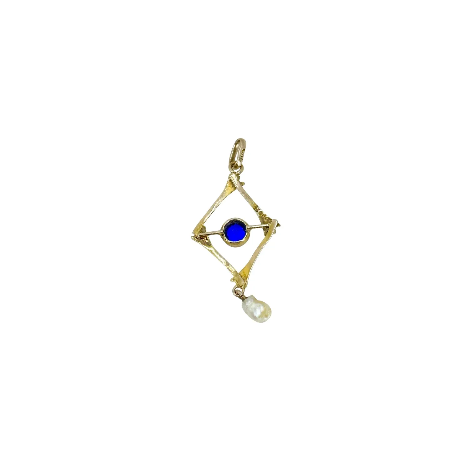 Dainty Art Nouveau Lavaliere Natural River Pearl Blue Paste Antique Pendant- 10K Yellow Gold