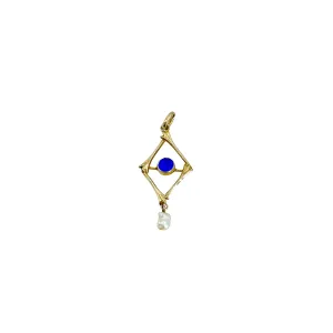 Dainty Art Nouveau Lavaliere Natural River Pearl Blue Paste Antique Pendant- 10K Yellow Gold