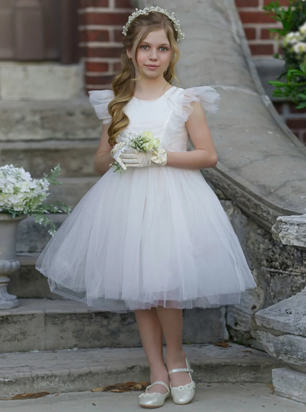 Dainty Daydream Flutter Sleeve Tulle Communion Dress