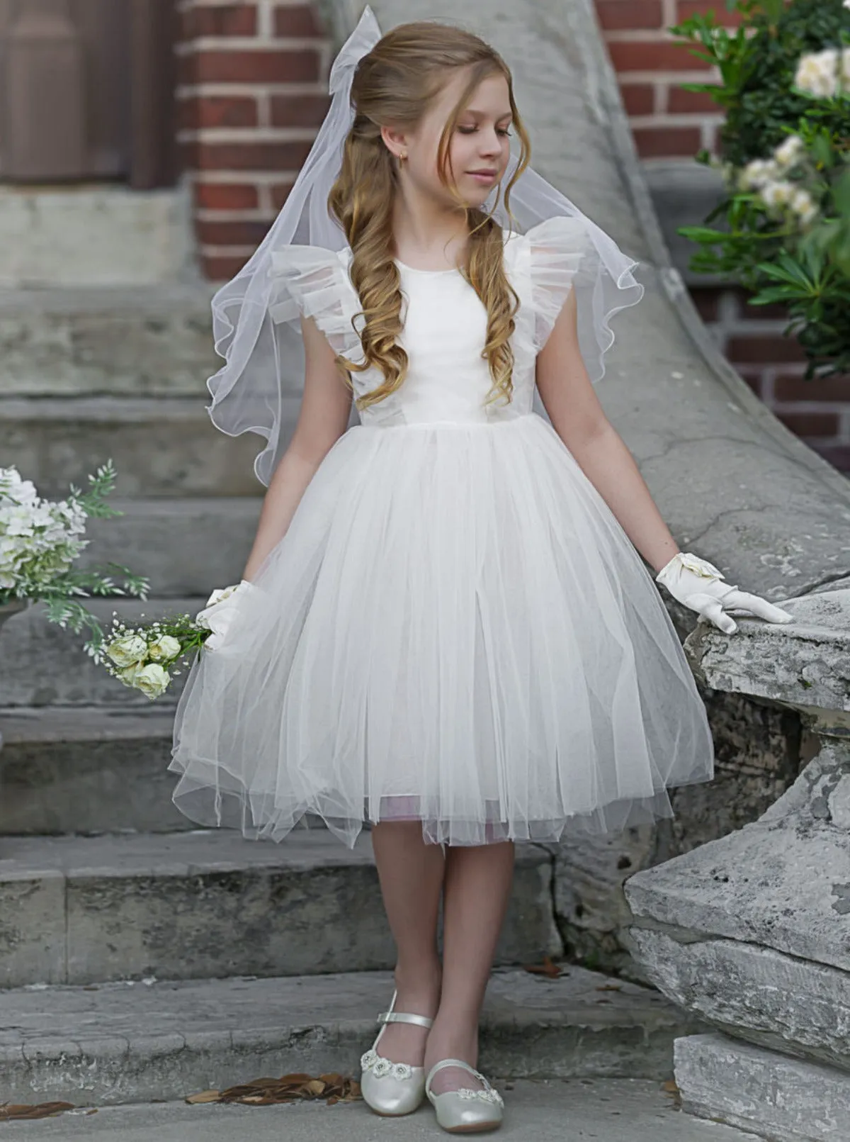 Dainty Daydream Flutter Sleeve Tulle Communion Dress