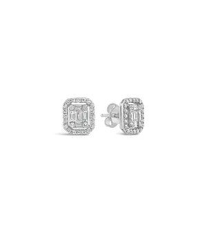 Diamond Emerald Cut Cluster Halo Stud Earrings