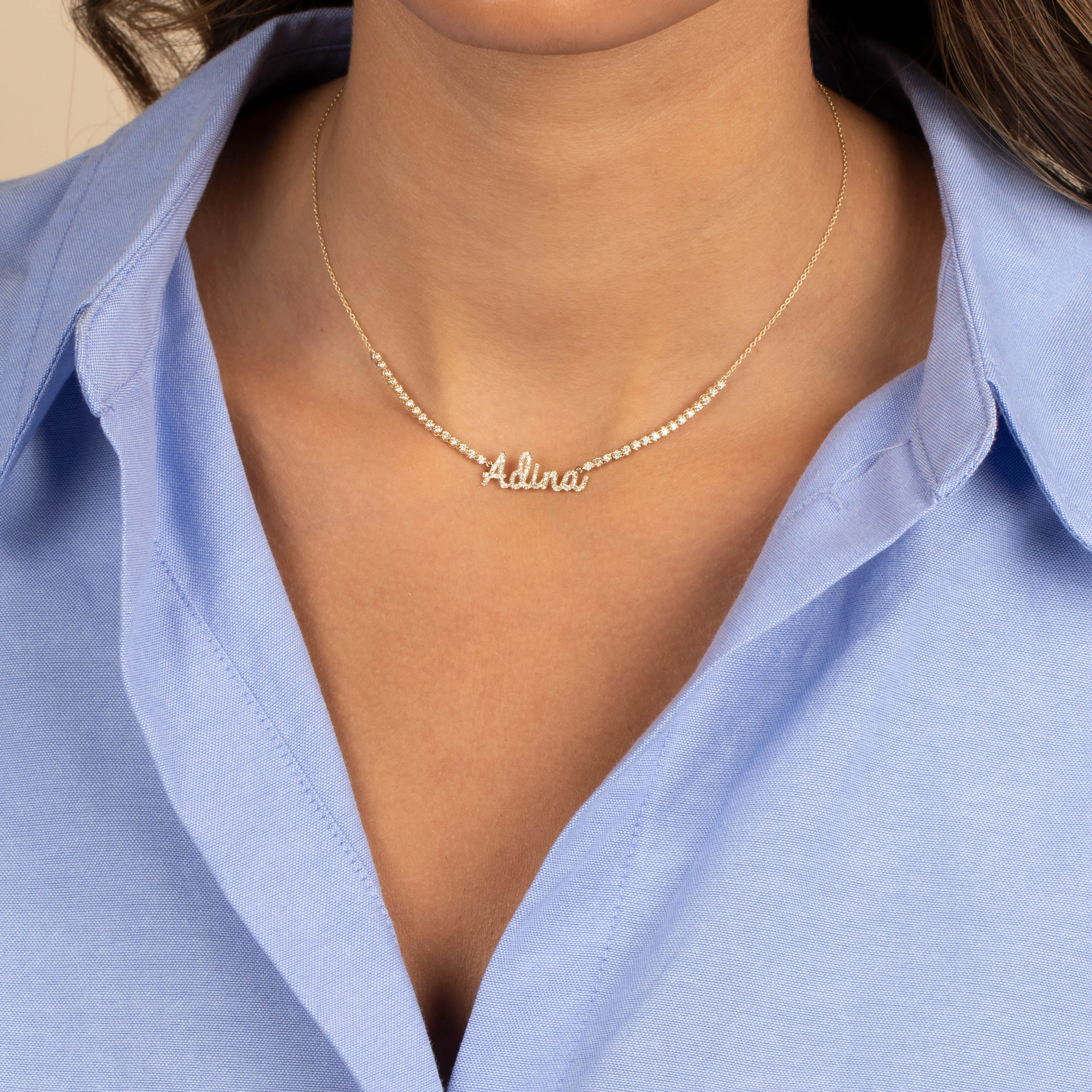 Diamond Name Half Tennis Necklace 14K