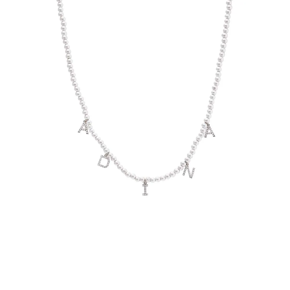Diamond Pave Dangling Name Pearl Necklace 14K