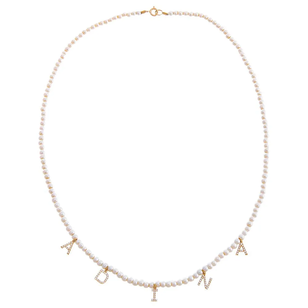 Diamond Pave Dangling Name Pearl Necklace 14K