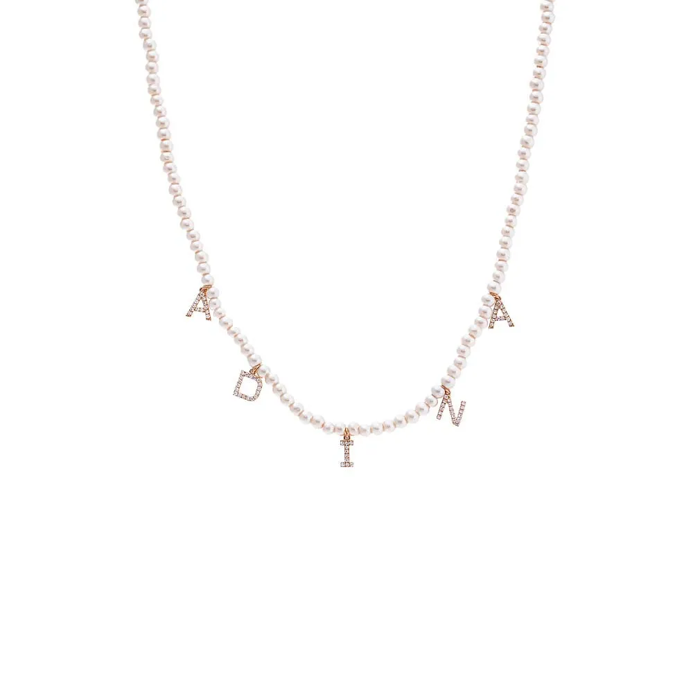 Diamond Pave Dangling Name Pearl Necklace 14K