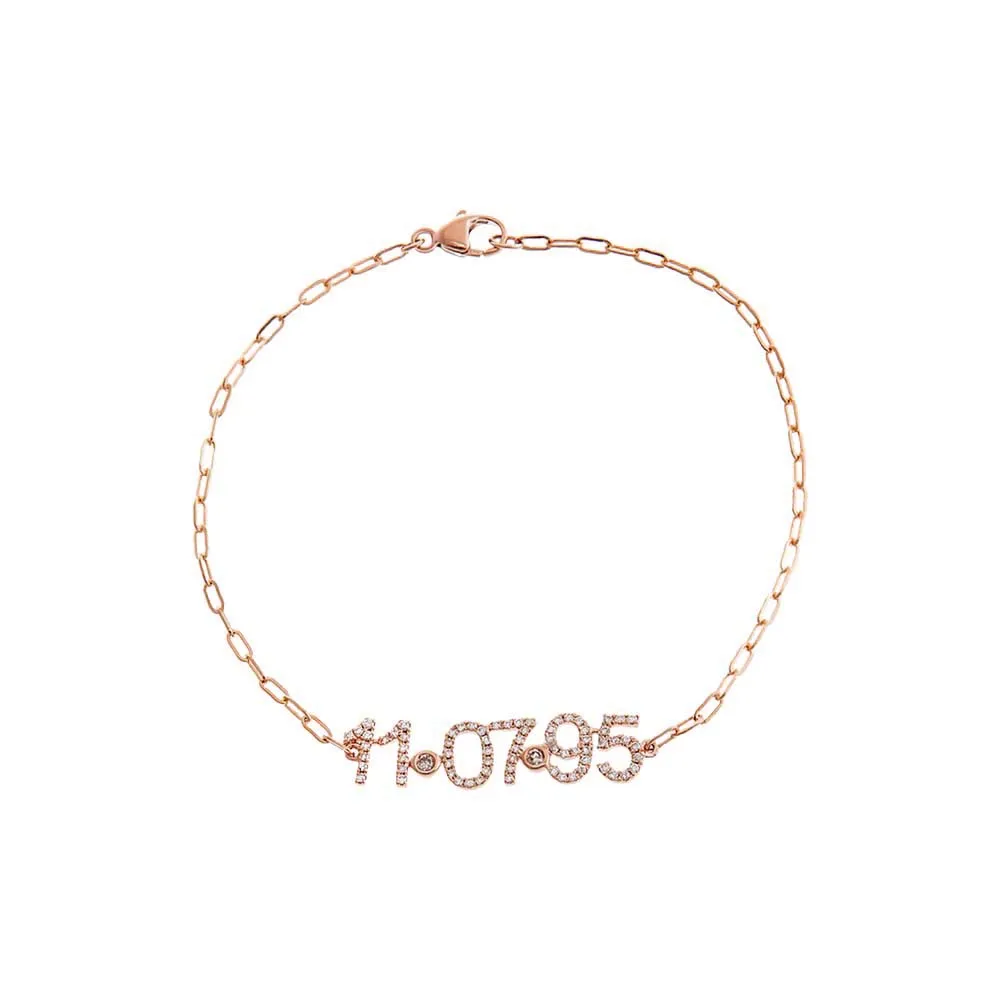 Diamond Pave Date Nameplate Paperclip Bracelet 14K