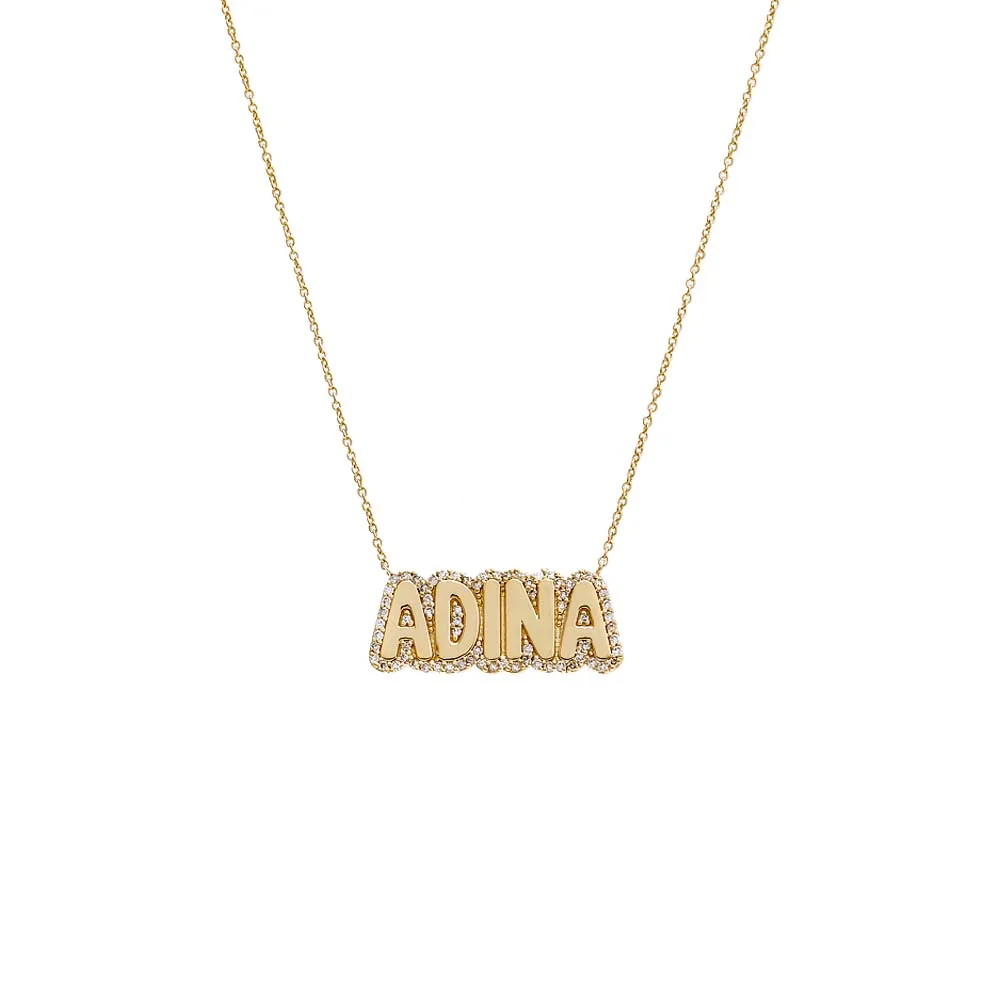 Diamond Pave Outlined Bubble Nameplate Necklace 14K