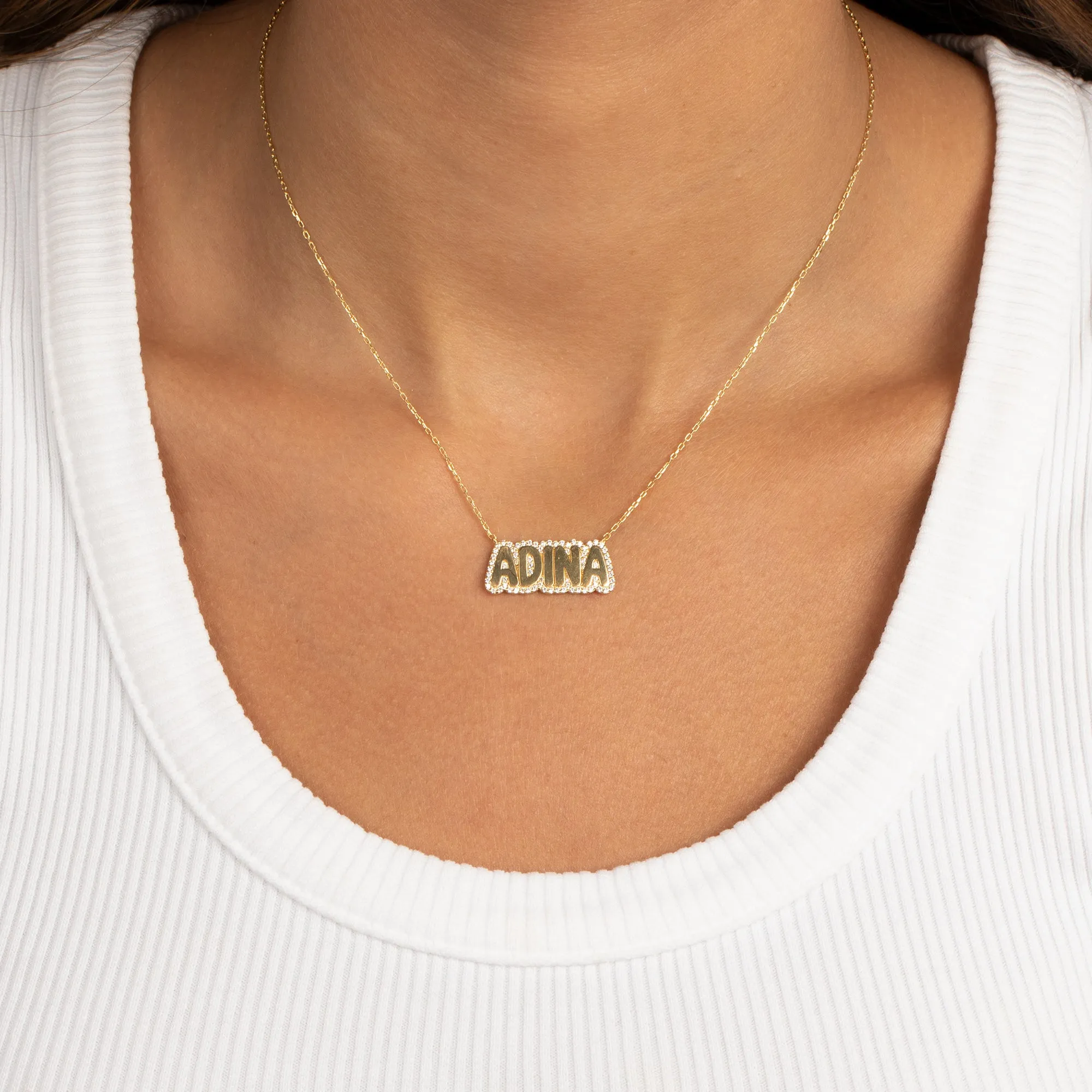 Diamond Pave Outlined Bubble Nameplate Necklace 14K