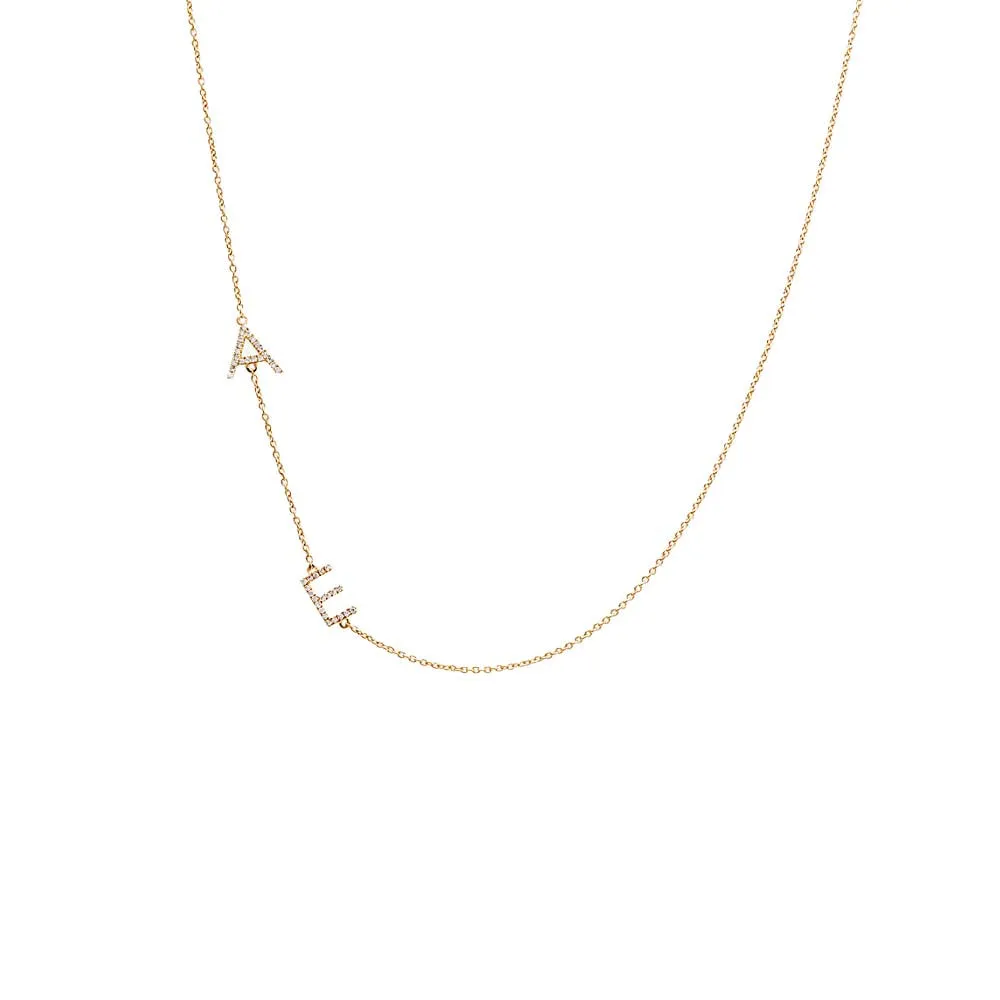 Diamond Pave Sideway Double Initial Necklace 14K