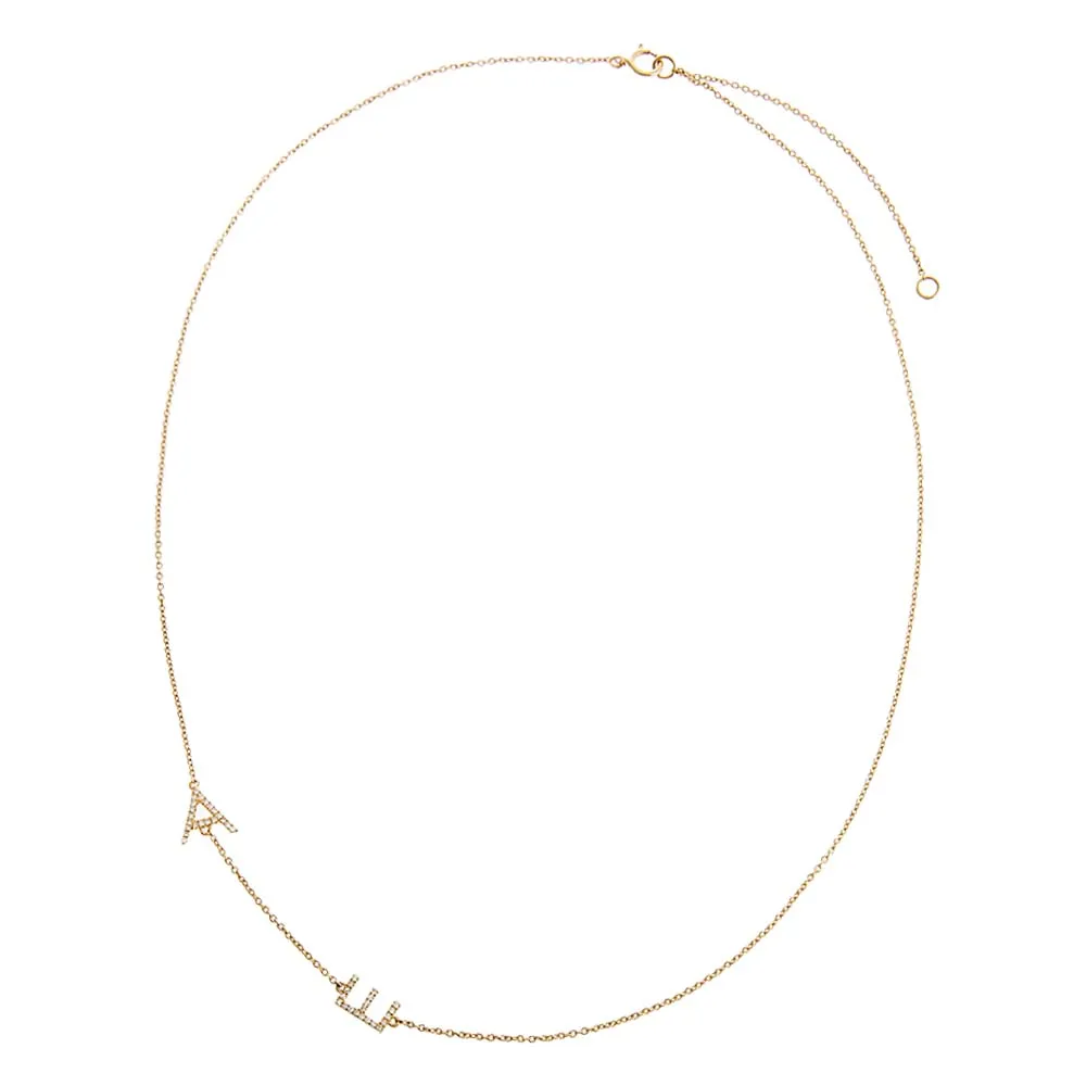 Diamond Pave Sideway Double Initial Necklace 14K