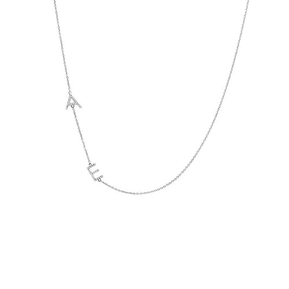 Diamond Pave Sideway Double Initial Necklace 14K