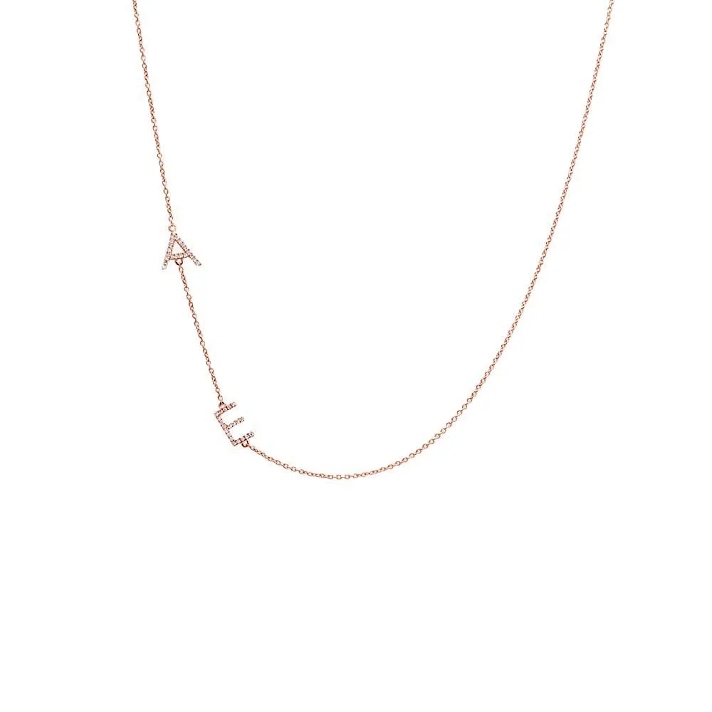 Diamond Pave Sideway Double Initial Necklace 14K