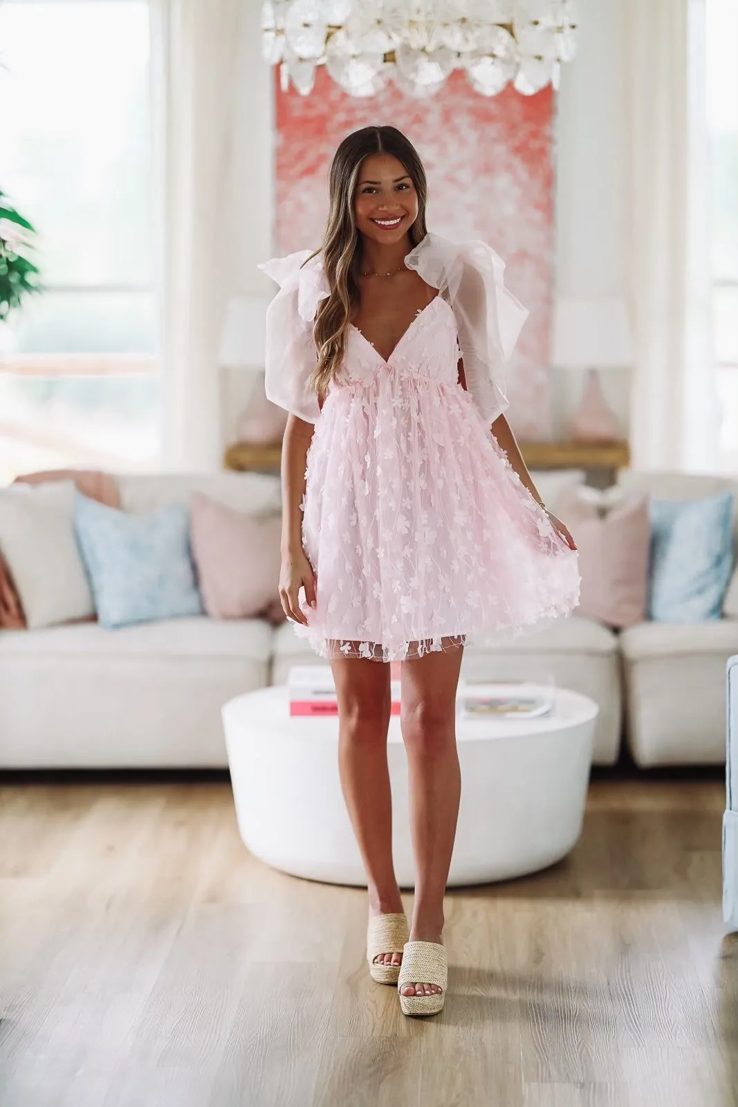 Dreamy Flower Petal Mini Dress - Light Pink