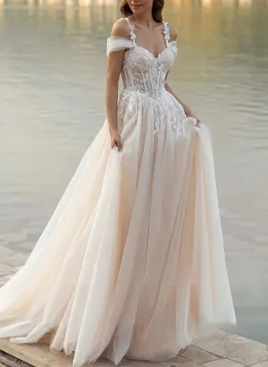 Elodika | A-Line Off-The-Shoulder Tulle Wedding Dresses With Appliques Lace