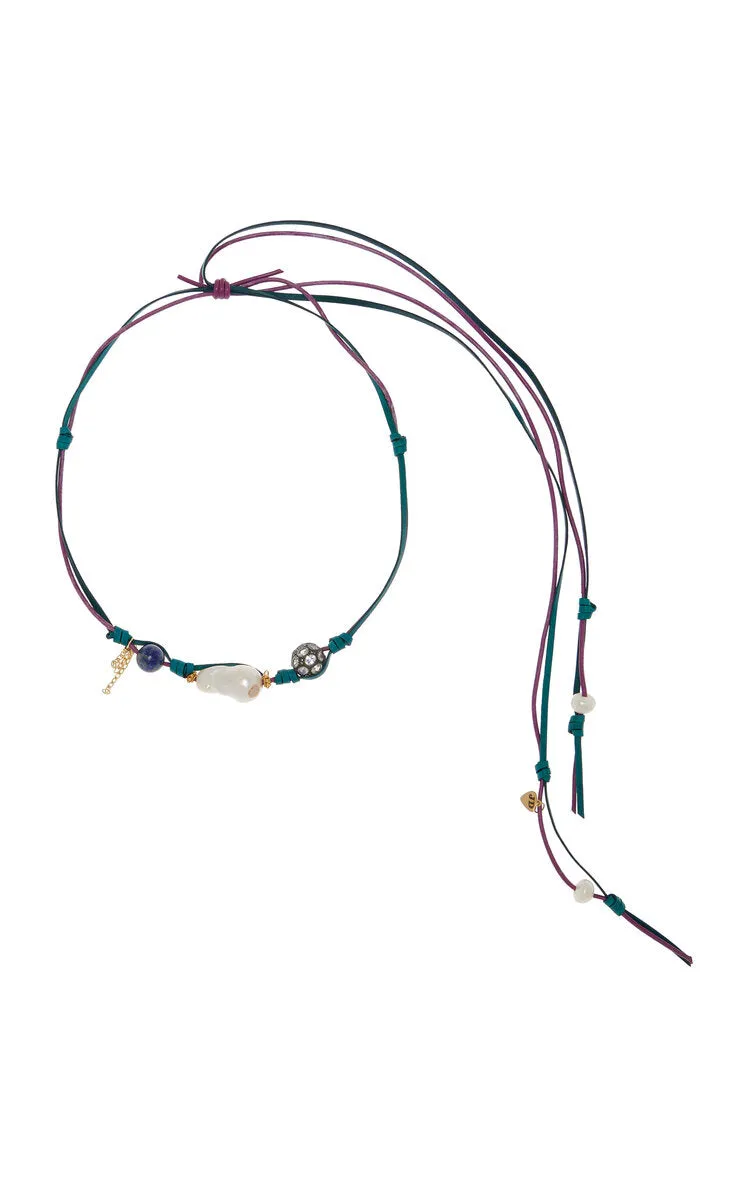 Enchanted Mermaid Knotted Leather 18K Yellow Gold Pearl and Lapis Necklace