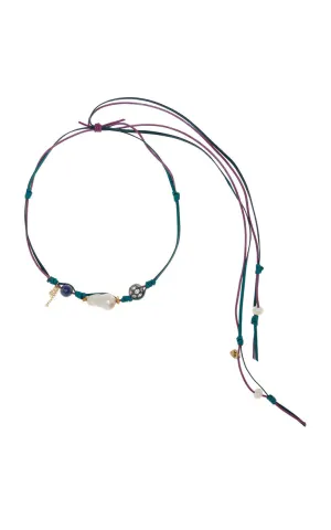 Enchanted Mermaid Knotted Leather 18K Yellow Gold Pearl and Lapis Necklace