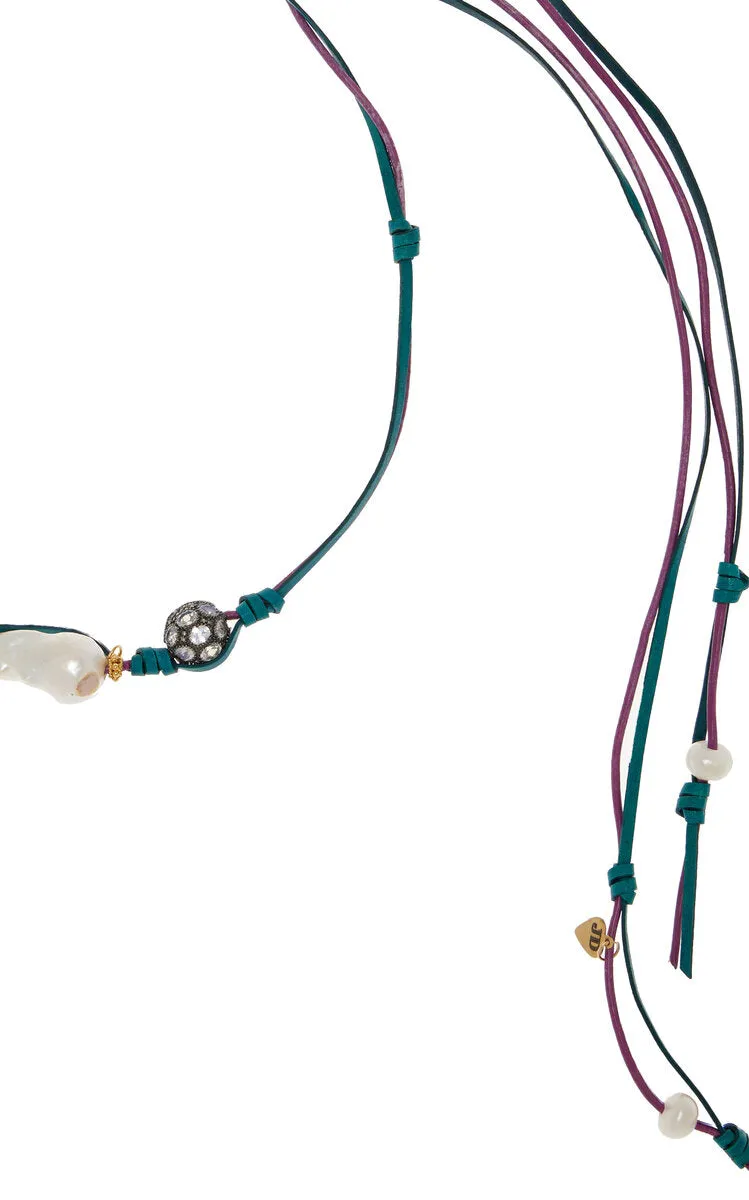 Enchanted Mermaid Knotted Leather 18K Yellow Gold Pearl and Lapis Necklace