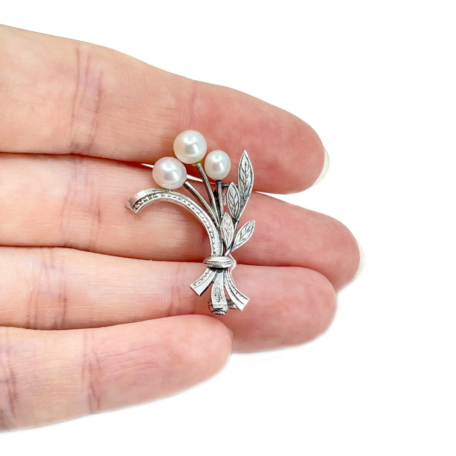 Engraved Spray Branch Japanese Akoya Cultured Saltwater Pearl Brooch- Sterling Silver