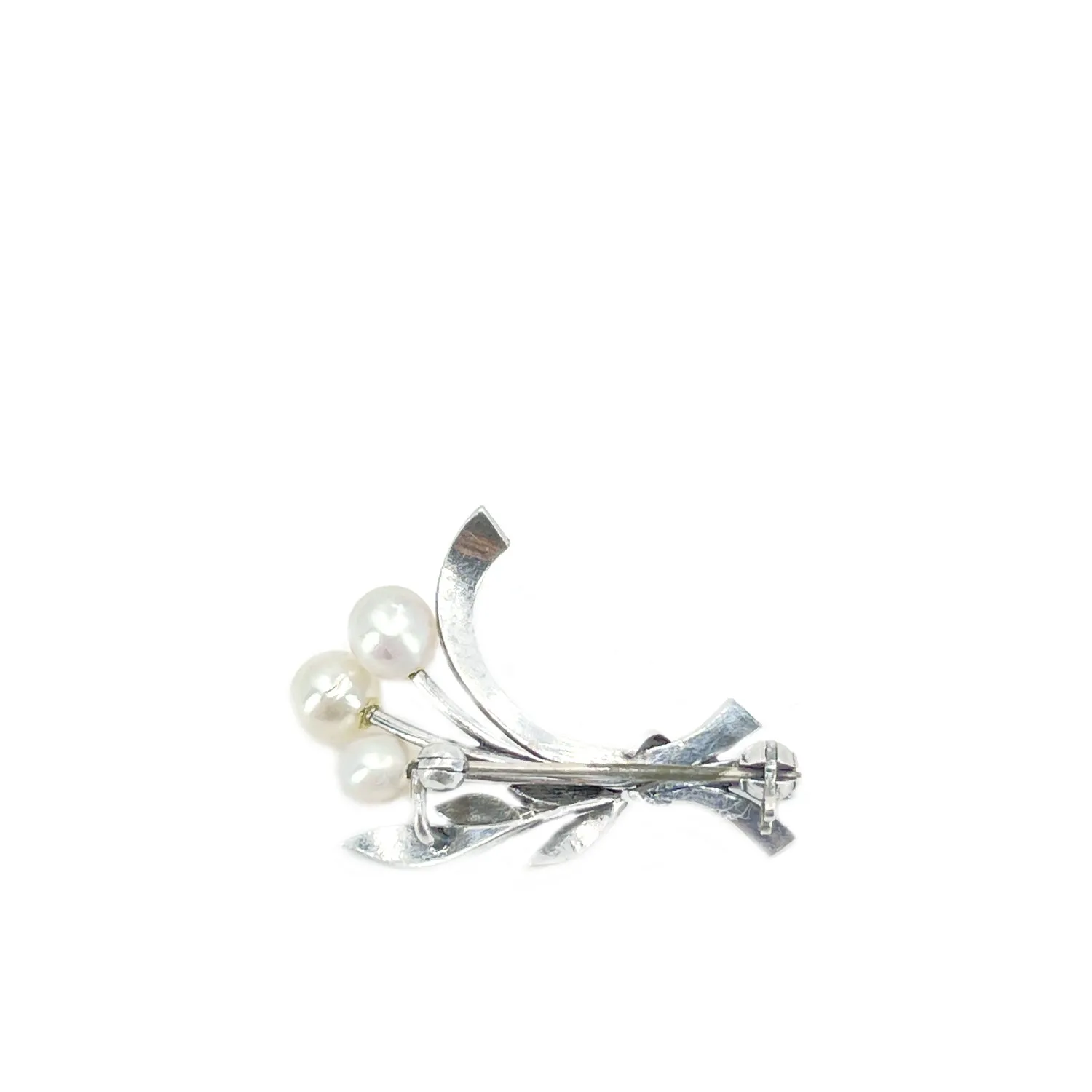 Engraved Spray Branch Japanese Akoya Cultured Saltwater Pearl Brooch- Sterling Silver