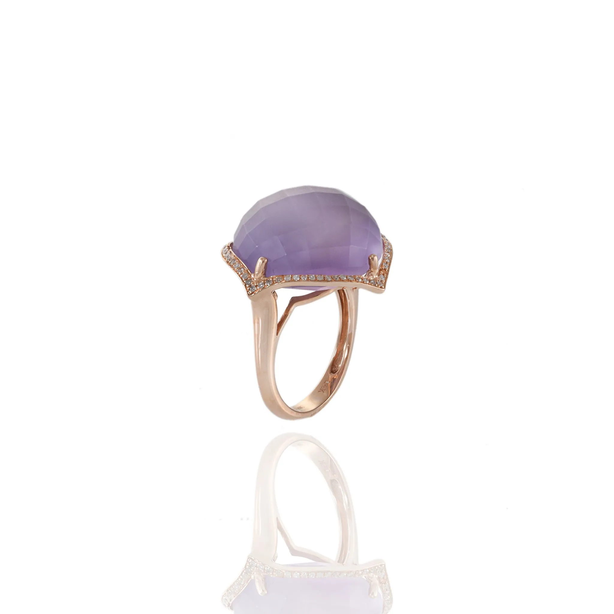Estate Effy 14KT Rose Gold Faceted Cabochon Purple Amethyst and Diamond Cocktail Ring