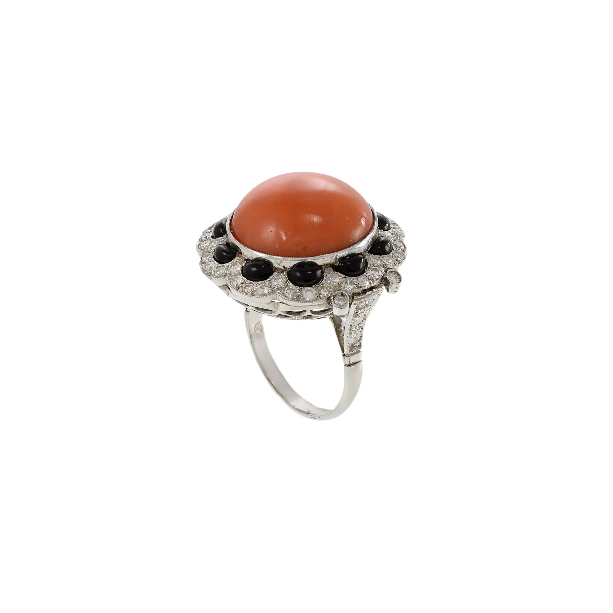 Estate Platinum Diamond, Black Onyx And Coral Ring