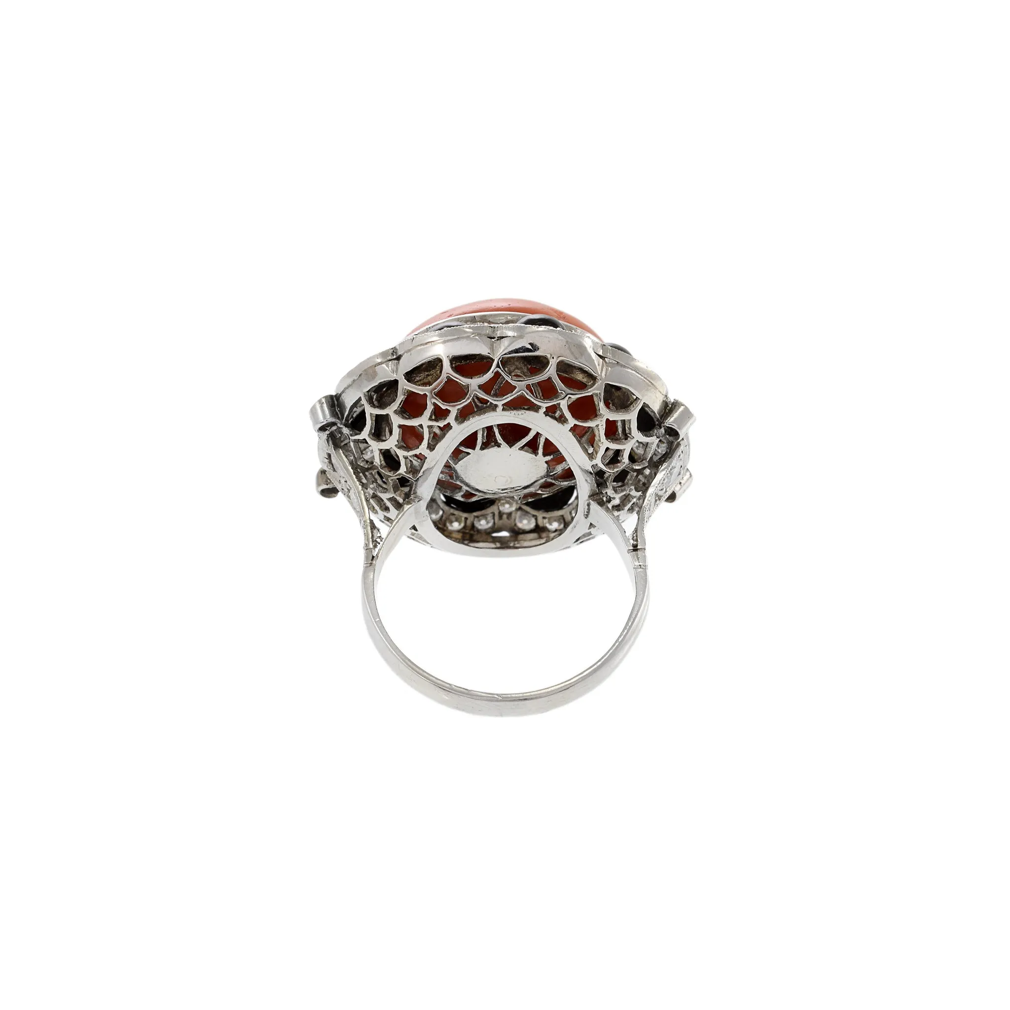 Estate Platinum Diamond, Black Onyx And Coral Ring