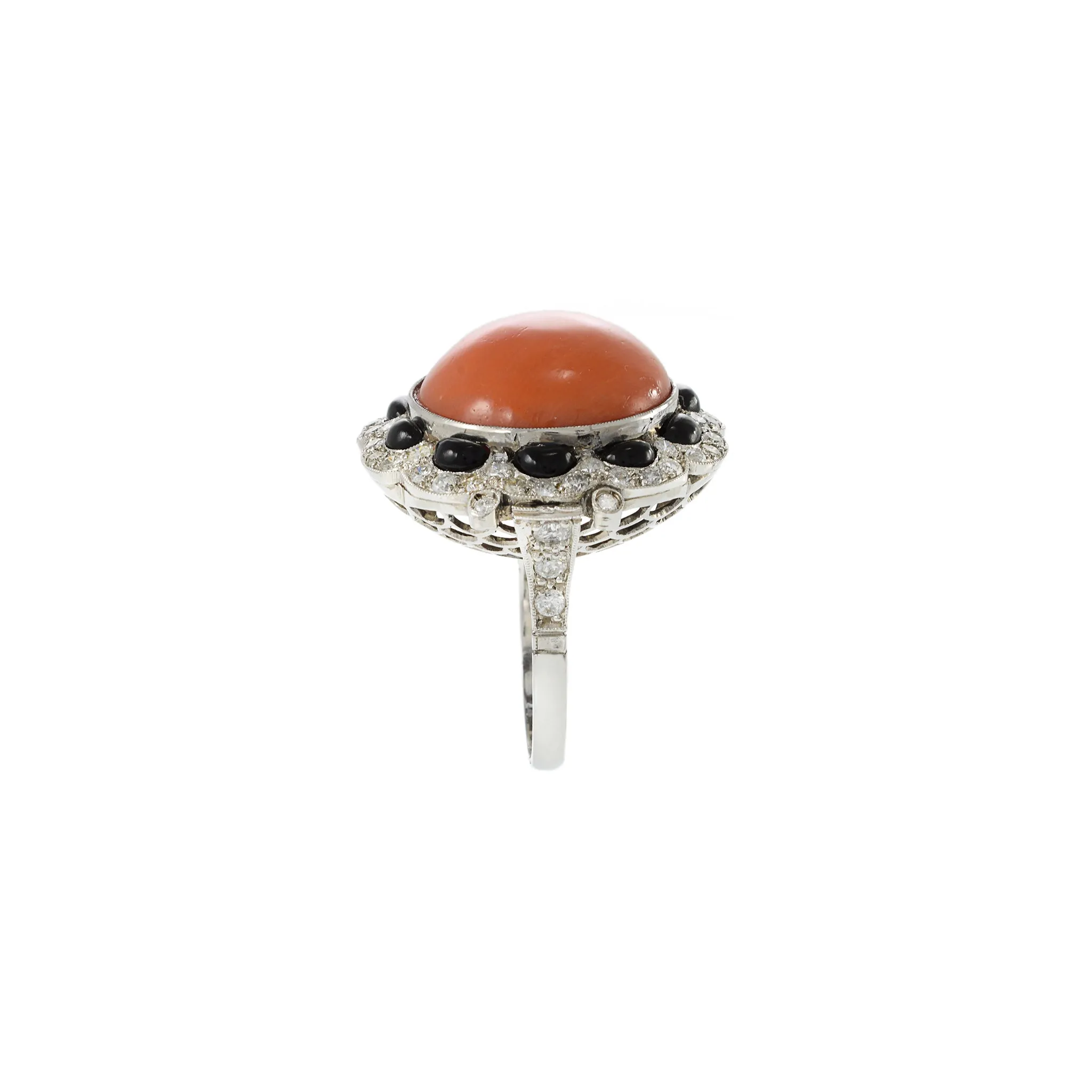 Estate Platinum Diamond, Black Onyx And Coral Ring