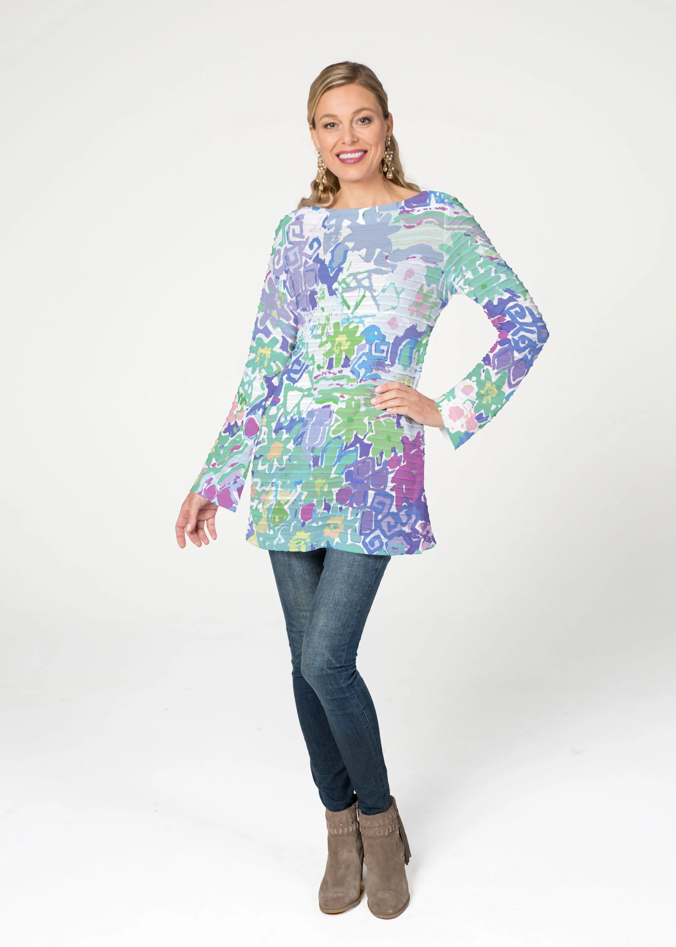 Floral Graffiti (19210) ~ Banded Boatneck Tunic